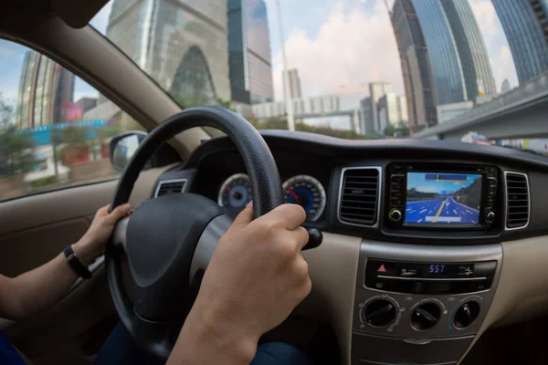 Woman Driving Car City Street — Stock Photo, Image