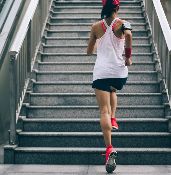 Young Woman Runner Sportswoman Climbing City Stairs Jogging Running Urban — Stock Photo, Image