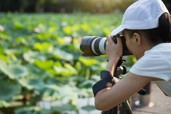 Kadın Fotoğrafçı Profesyonel Fotoğraf Kamera Açık Havada Ile Fotoğraf Çekmek — Stok fotoğraf