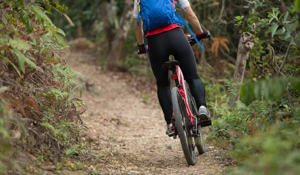 Rowerzysta Kobieta Nogi Jazda Rower Górski Zewnątrz Szlak Lesie — Zdjęcie stockowe