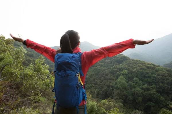 朝の山の谷の景色を楽しみながら幸せな女ハイカー — ストック写真