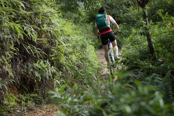 Woman Cyclist Riding Mountain Bike Forest Trail — Stock Photo, Image