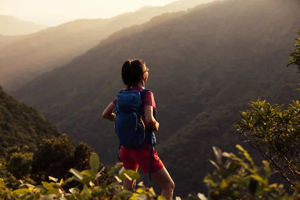 Skuteczne Kobieta Wycieczkowicz Stojąc Szczycie Góry Podczas Sunrise — Zdjęcie stockowe