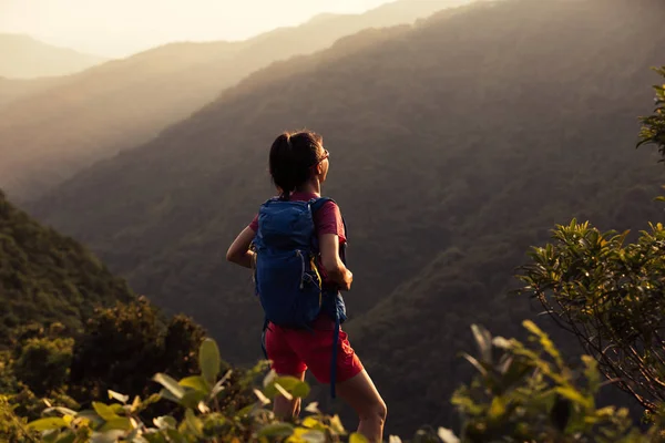 Exitosa Excursionista Femenina Pie Cima Montaña Durante Amanecer — Foto de Stock