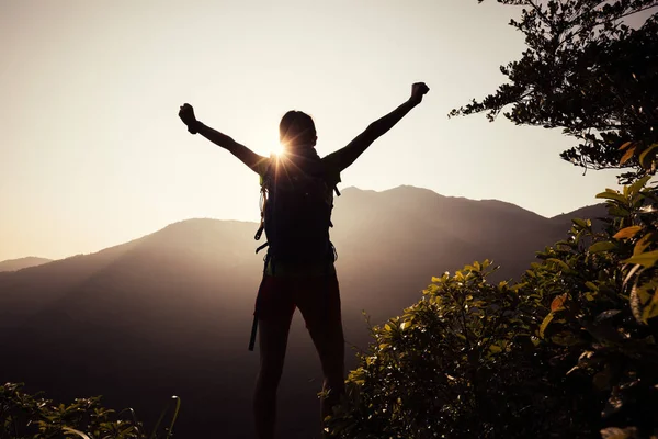 Exitosa Excursionista Femenina Con Los Brazos Extendidos Pie Cima Montaña — Foto de Stock