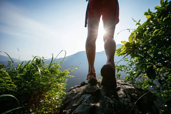 成功的徒步旅行者腿在夏天日出山顶悬崖边缘 — 图库照片
