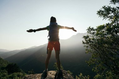 başarılı kadın dağ tepe yaz sunrise için kaldırdı kollarını