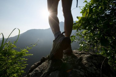 Başarılı bir yürüyüşçü yaz gündoğumu dağının zirvesinde yürüyüş yapıyor.