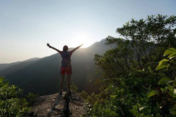 Succesvolle Vrouw Met Opgeheven Armen Naar Zomer Zonsopgang Bergtop — Stockfoto