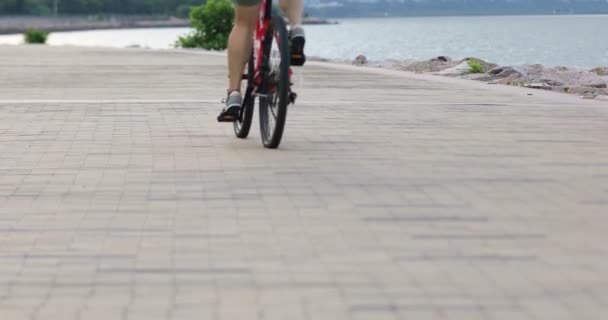 Jonge Vrouw Met Een Fiets Zonnige Kust Met Uitgestrekte Armen — Stockvideo