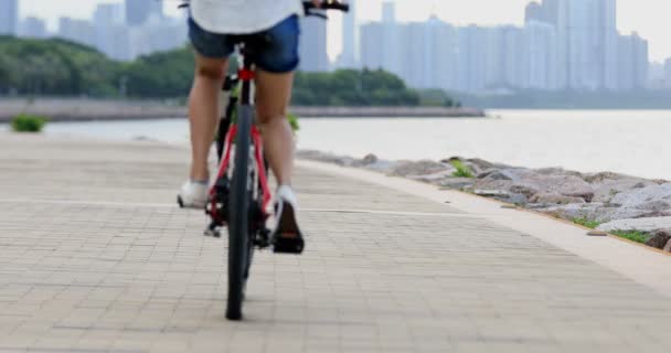 Jovem Mulher Andando Bicicleta Beira Mar Ensolarado Com Braços Estendidos — Vídeo de Stock