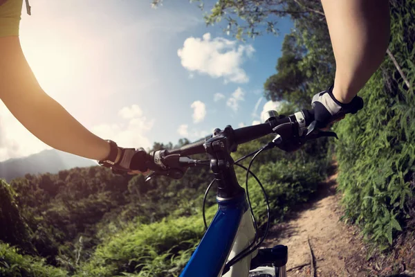 Riding Bike Top Hill Forest Sunny Day — Stock Photo, Image