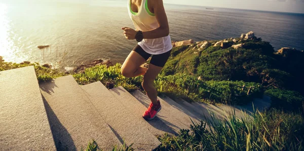 Determined Woman Running Seaside Mountain Stairs — Stock Photo, Image