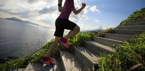 Woman Runner Running Seaside Mountain Stairs — Stock Photo, Image