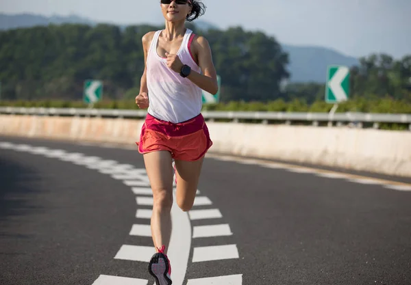 Healthy Lifestyle Fitness Woman Running Highway Road — Stock Photo, Image