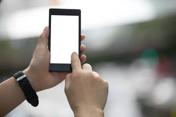 Hands Hold Smartphone Taking Pictures Modern City — Stock Photo, Image