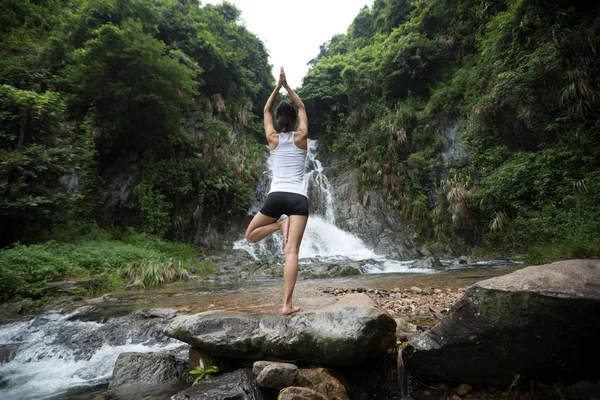 Young Woman Practicing Yoga Waterfall Forest — Stock Photo, Image