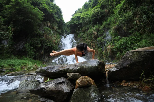 Young Woman Practicing Yoga Waterfall Forest — Stock Photo, Image