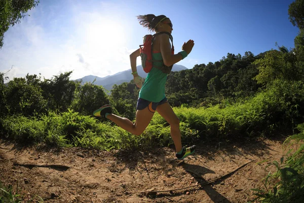 Bestämd Kvinna Trail Löpare Kör Morgon Skog — Stockfoto