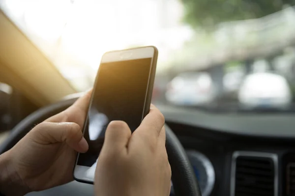 Hands Using Smartphone Setting Navigation Driving Car — Stock Photo, Image