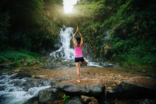 Young Woman Practicing Yoga Waterfall Forest — Stock Photo, Image