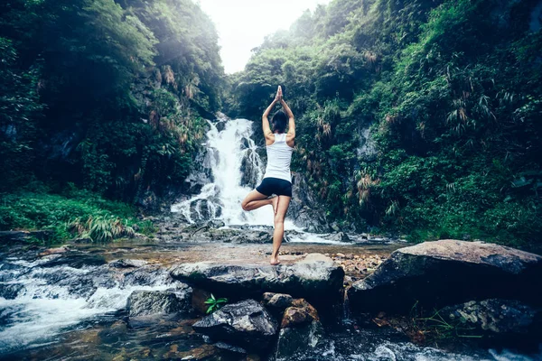 Young Woman Practicing Yoga Waterfall Forest — Stock Photo, Image