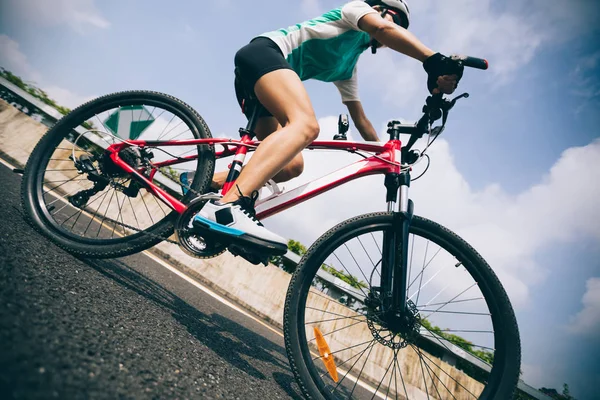 Mujer Montando Bicicleta Montaña Carretera — Foto de Stock
