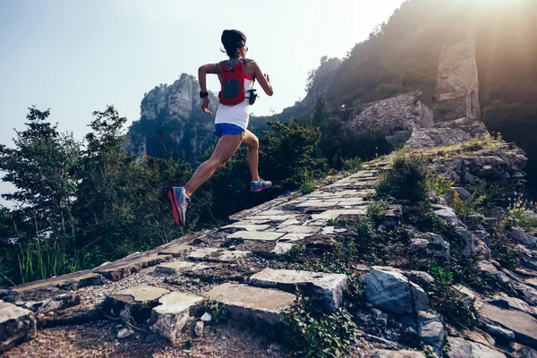 Sportig Fitness Kvinna Löpare Körs Bergets Topp — Stockfoto