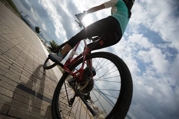 Kerékpáros Mountain Bike Lovaglás Tengerparton Napkelte — Stock Fotó