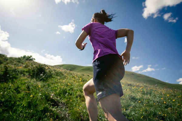 草地で実行されている若いフィットネス女性トレイル ランナー — ストック写真