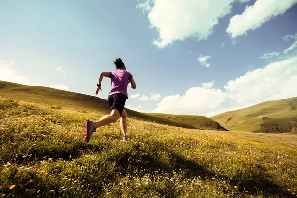 Jonge Fitness Vrouw Trail Runner Uitgevoerd Grasland — Stockfoto