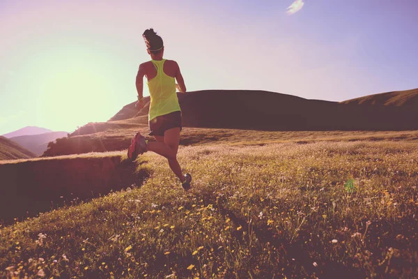 Unga Fitness Kvinna Trail Löpare Kör Sunset Gräsmark — Stockfoto