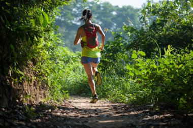 Tropikal orman iz sabah sırasında çalışan genç kadın iz runner