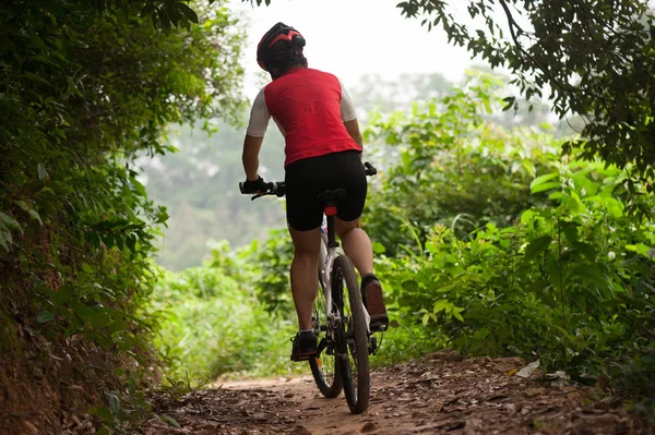 Mujer Montando Bicicleta Montaña Sendero Forestal —  Fotos de Stock