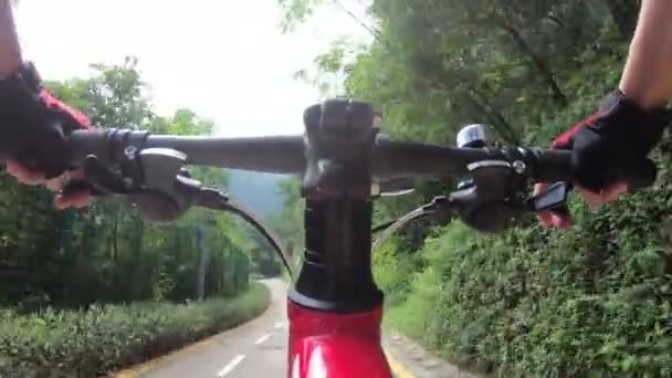 Mulher Ciclista Andar Bicicleta Montanha Estrada — Vídeo de Stock