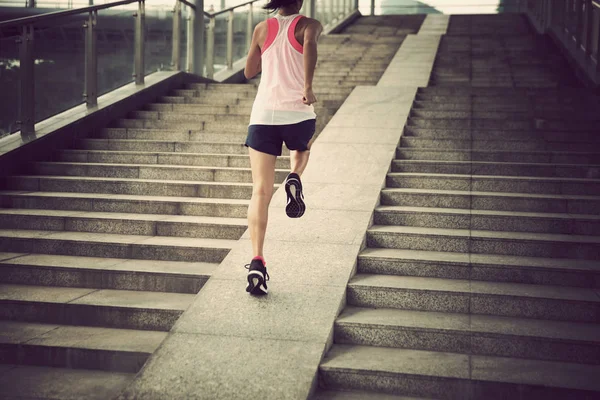 Young Woman Runner Sportswoman Running City Stairs Jogging Running Urban — Stock Photo, Image