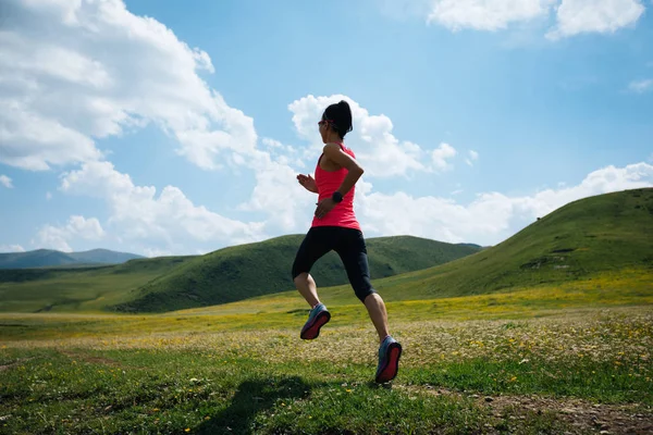 年轻健身女子小径赛跑者在草原上奔跑 — 图库照片