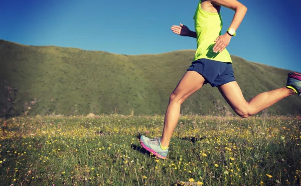 Jonge Fitness Vrouw Trail Runner Uitgevoerd Grasland — Stockfoto
