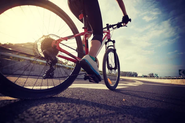 Mujer Ciclista Montando Bicicleta Montaña Carretera — Foto de Stock