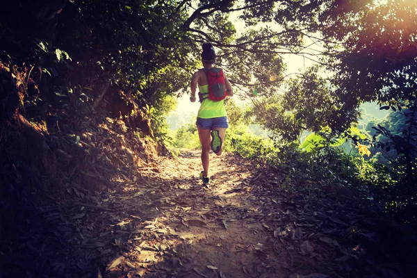 年轻女子足迹赛跑者在热带森林小径上奔跑在早晨 — 图库照片