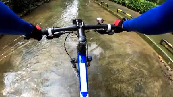 Kobieta Jazda Rowerze Mokrej Drodze Miejskiej Deszczu Punkt — Wideo stockowe