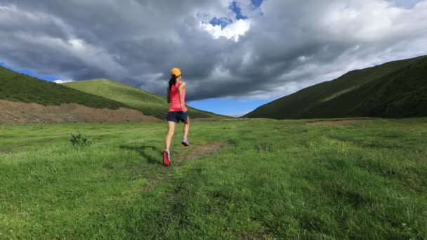 Allenamento Corridore Femminile Prato Verde Montagna — Video Stock