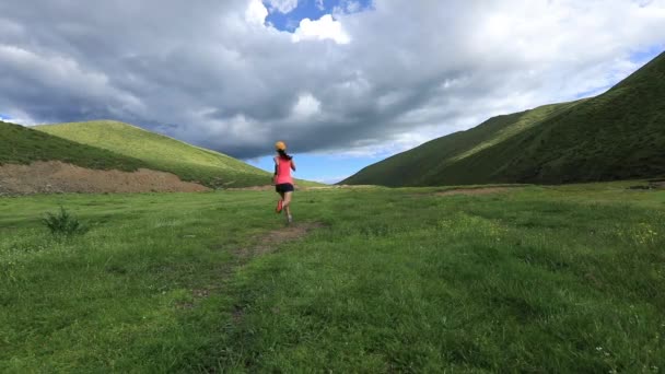 Female Runner Training Green Meadow Mountains — Stock Video