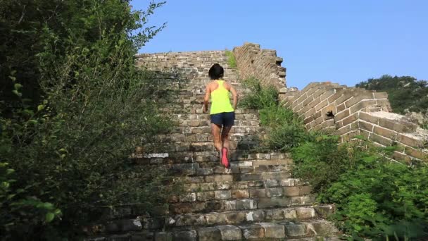 农村的女马拉松选手跑上了古老的废墟台阶 — 图库视频影像