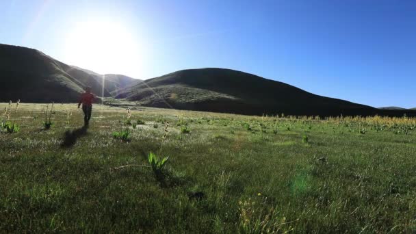 Νεαρή Γυναίκα Πεζοπορία Στα Βουνά Backlight Στην Κίνα — Αρχείο Βίντεο