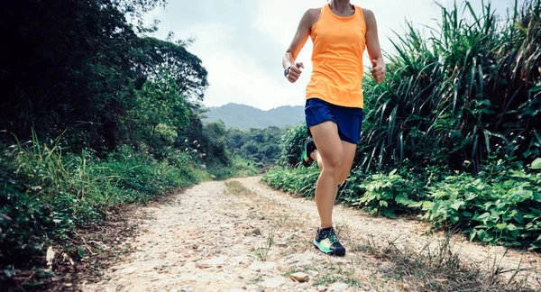女运动员小径奔跑在森林上 — 图库照片