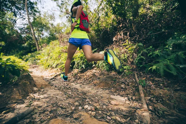 Young Woman Trail Runner Running Tropical Forest Trail — Stock Photo, Image