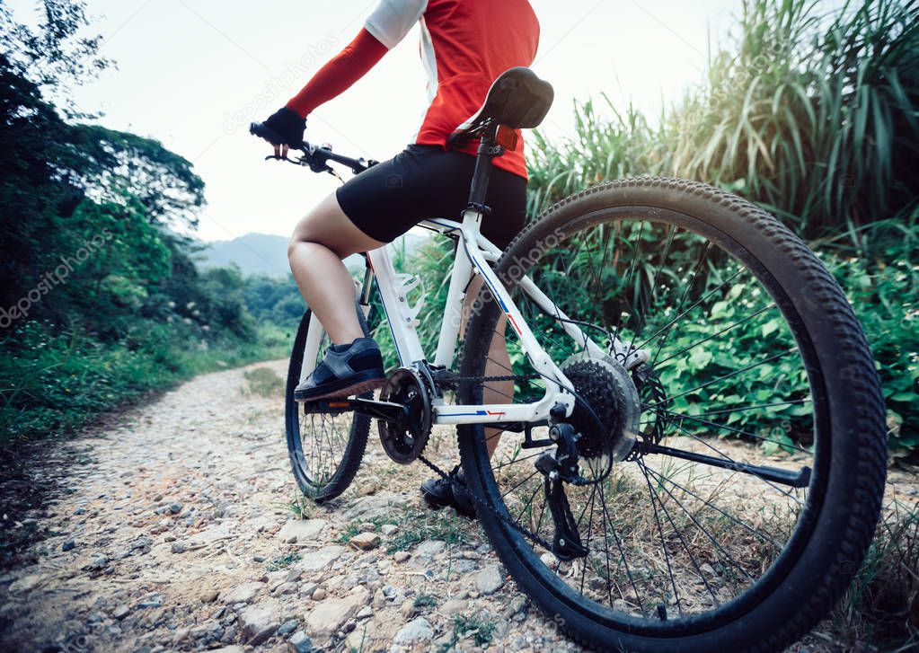 Woman cyclist riding Mountain Bike on forest trail