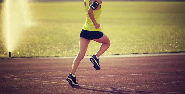 Young Sportswoman Running Stadium Tracks — Stock Photo, Image