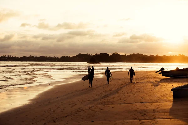 Silhouettes Surfeurs Sur Une Plage Sable Fin Lors Magnifique Coucher — Photo